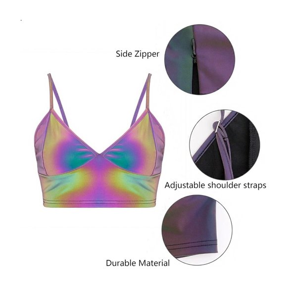 Vimoisa Women Reflective Metallic Tank Top Bustier Spaghetti Strap Crop Top Tigh - Picture 2 of 6